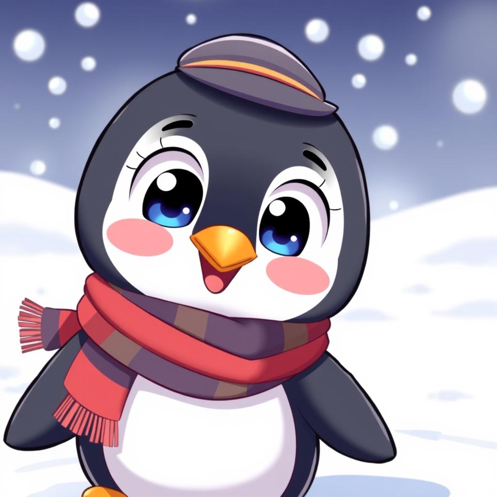 A cute anime-style penguin with large expressive eyes, wearing a small sailor hat and a colorful scarf, standing on a snowy landscape with gentle snowflakes falling around it