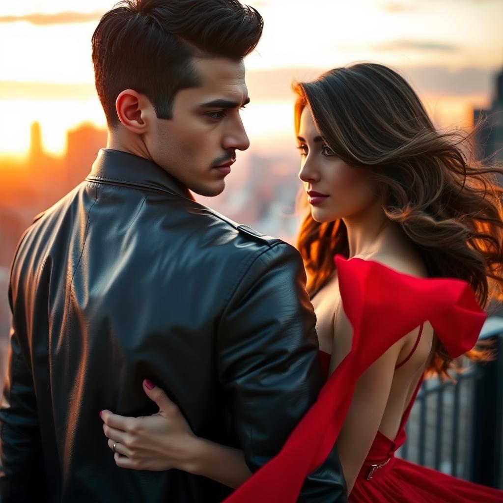 A captivating scene featuring a man and a woman, both stylishly dressed