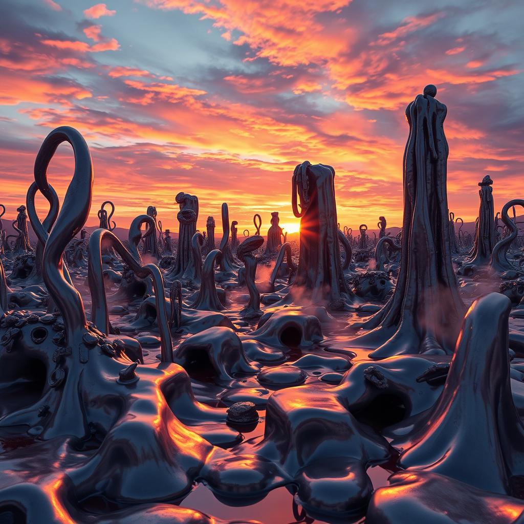 An otherworldly scene featuring a landscape filled with melted metal sculptures and structures that distort light, creating a surreal reflection