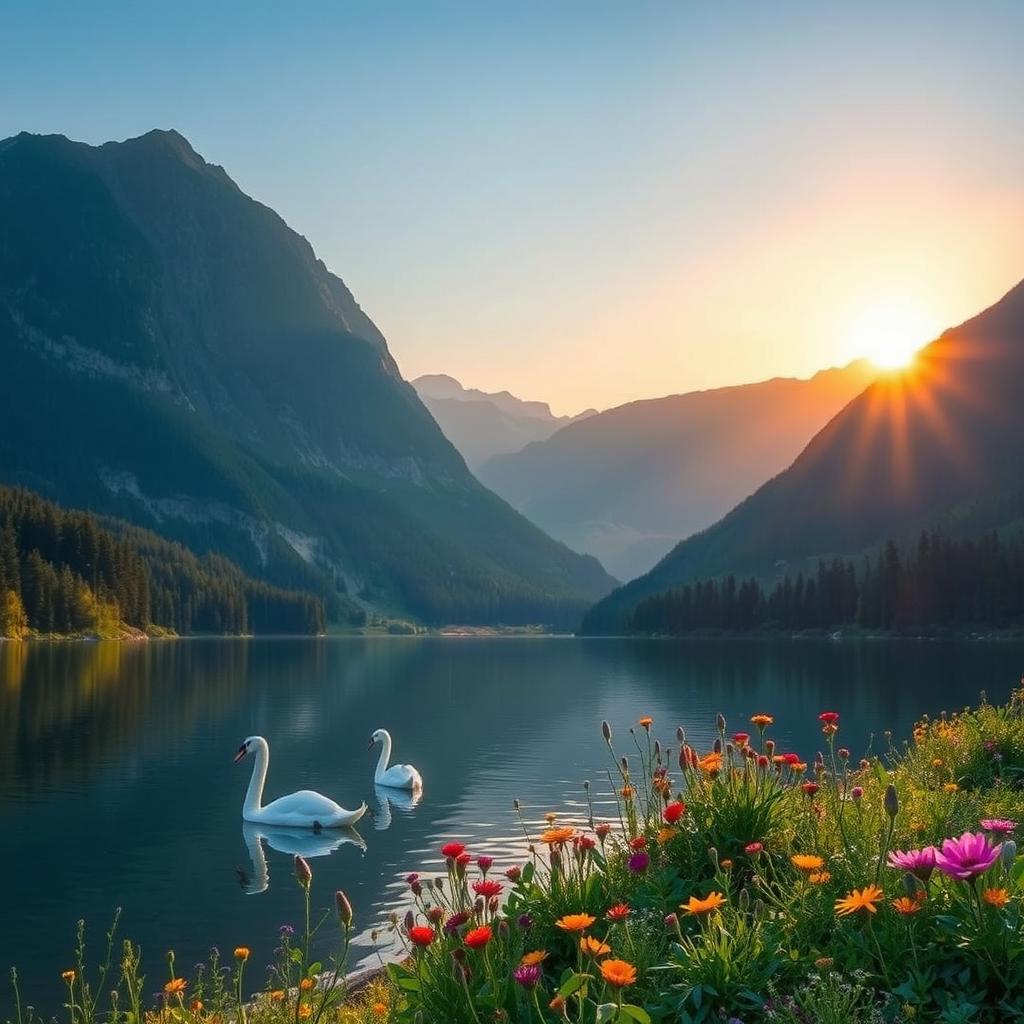 A serene landscape featuring a tranquil lake surrounded by majestic mountains, lush green forests, and a clear blue sky
