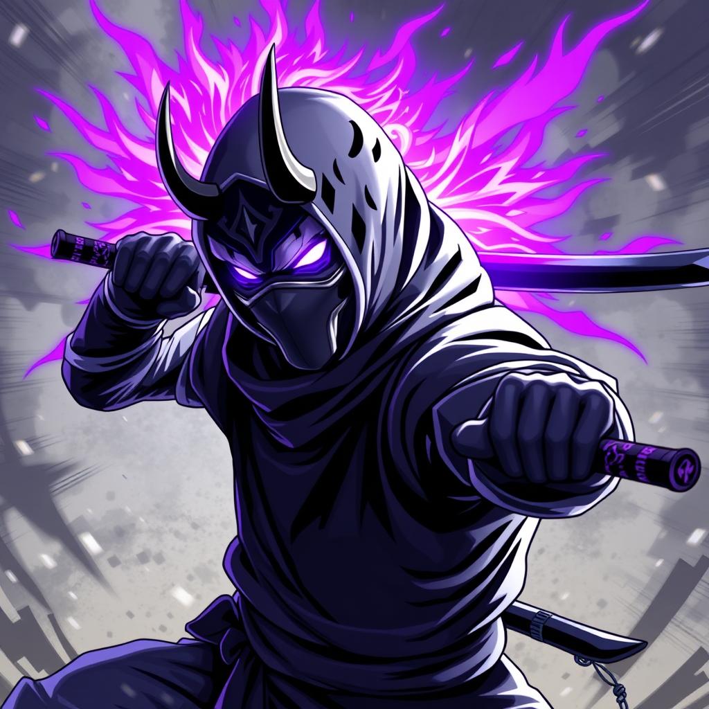 A highly skilled ninja character in anime style, wearing a striking oni mask that radiates a vibrant purple energy