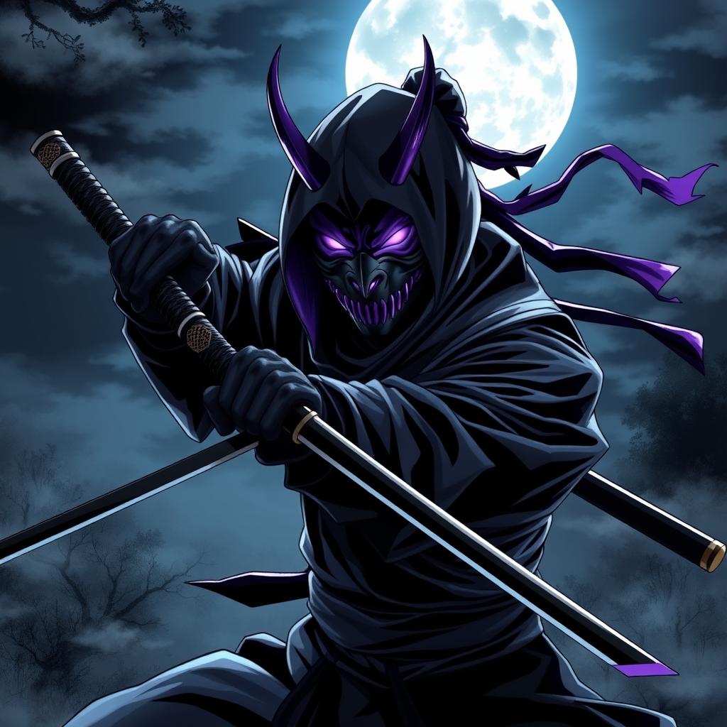 A skilled anime ninja wielding a black katana with purple details, wearing an oni mask that covers only the mouth and nose