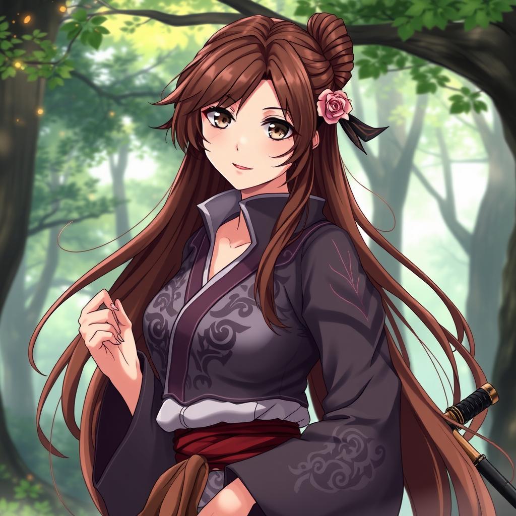 A beautiful anime kunoichi with long brown hair, styled elegantly, adorned with a rose tucked behind her ear