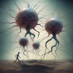 A high-quality digital art piece that portrays surreal neuron-headed riddle mystics