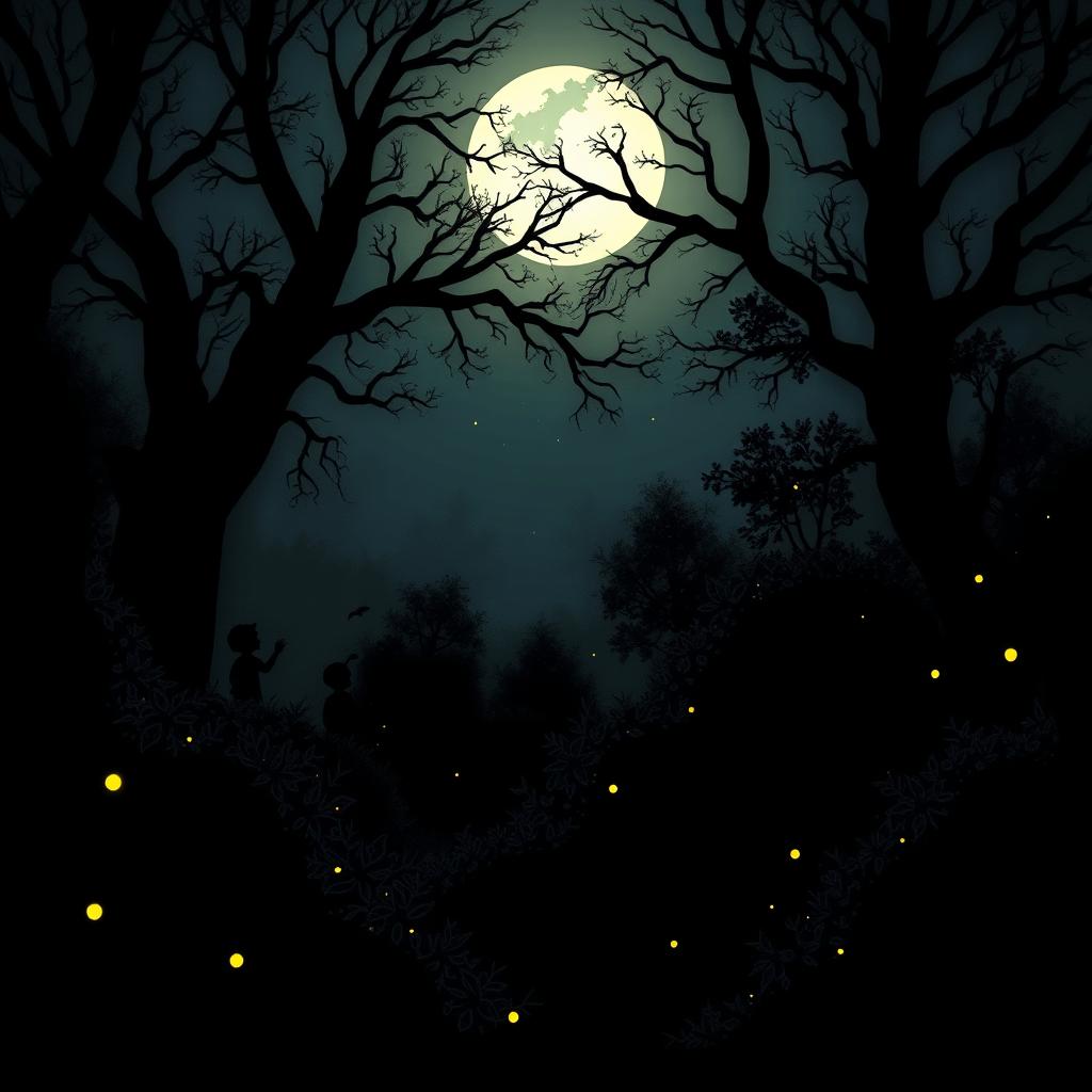 A mysterious and enchanting night scene depicting a game of hide and seek in a dark, shadowy environment