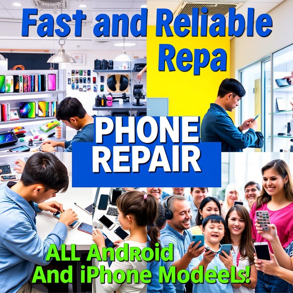 An advertisement showcasing a smartphone repair service for both Android and iPhone devices
