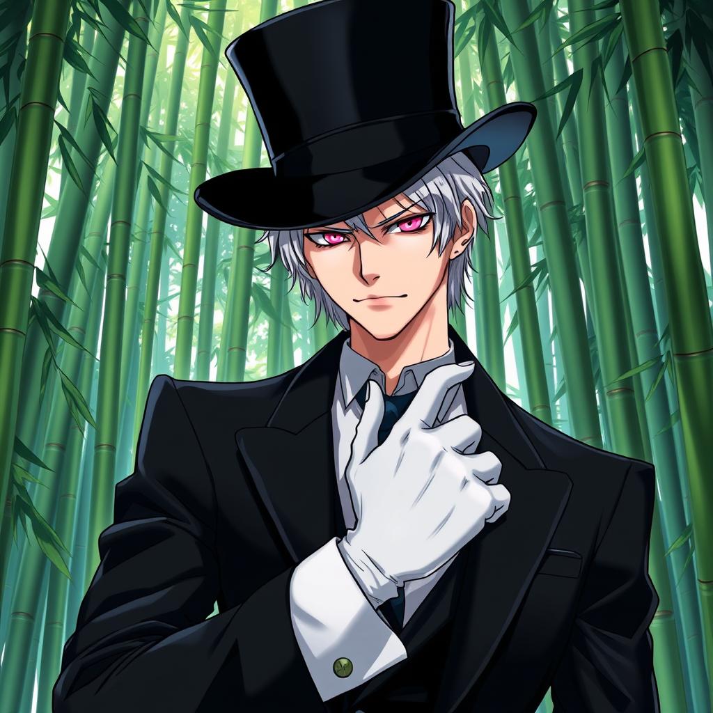 A captivating one piece anime artstyle illustration featuring a tall male character with striking white hair and piercing pink eyes