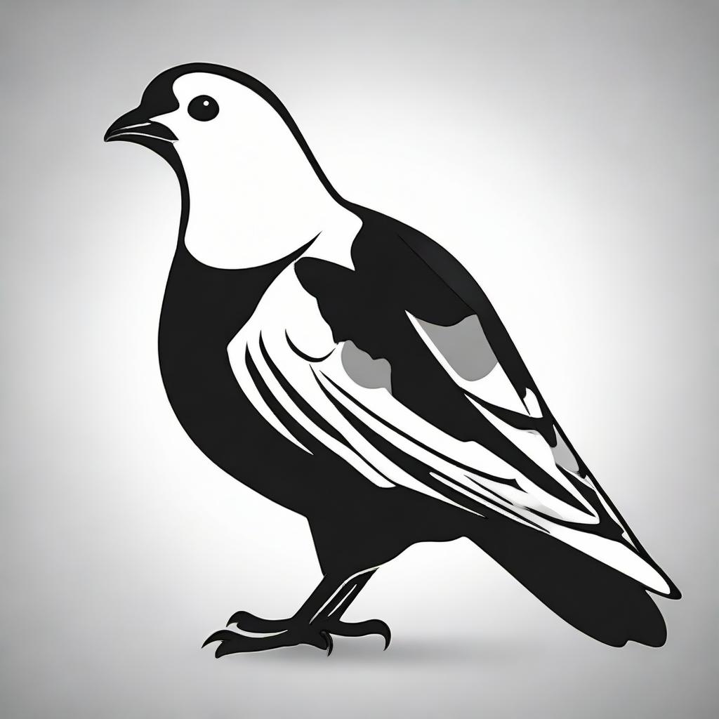 A high contrast, purely black and white vector-style illustration of a pigeon, using a simple, flat design and line art, with no use of colors.