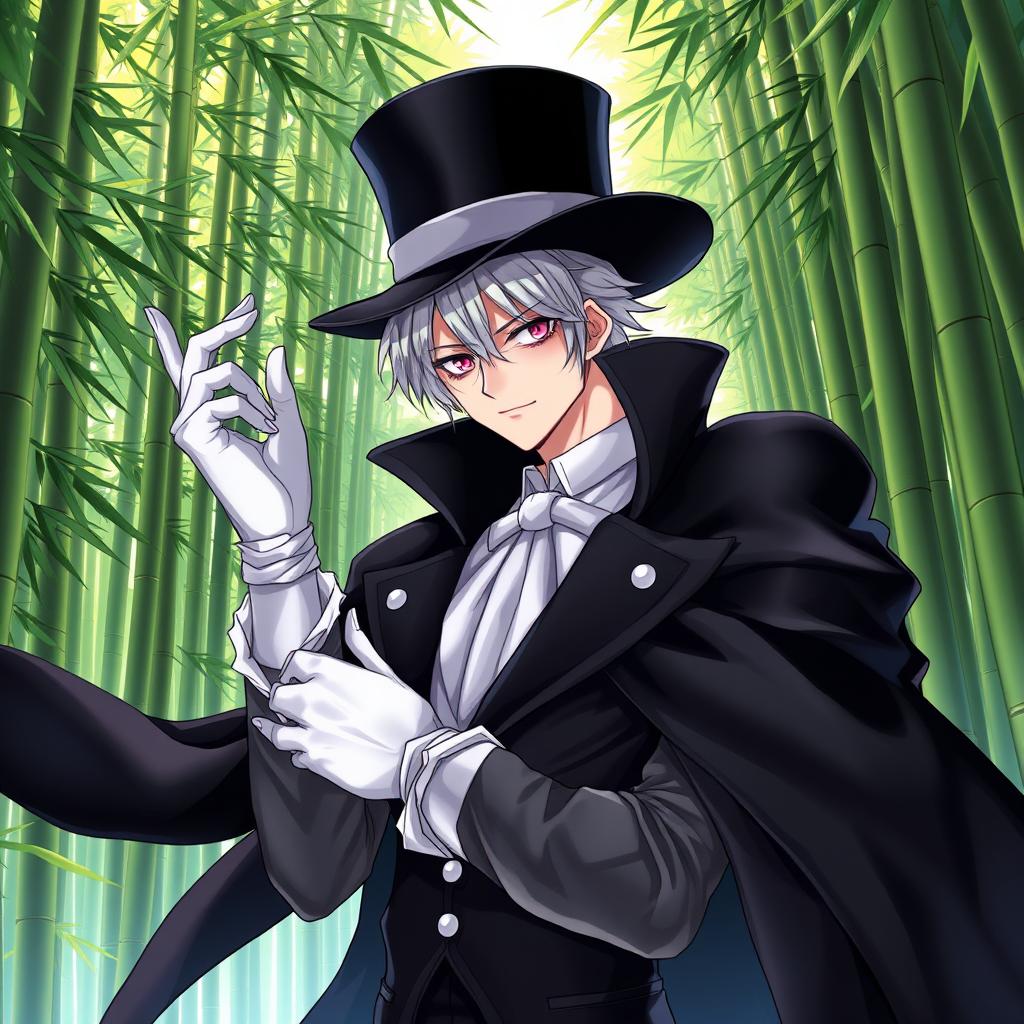 A captivating one piece anime artstyle illustration featuring a tall male character with striking white hair and intense pink eyes