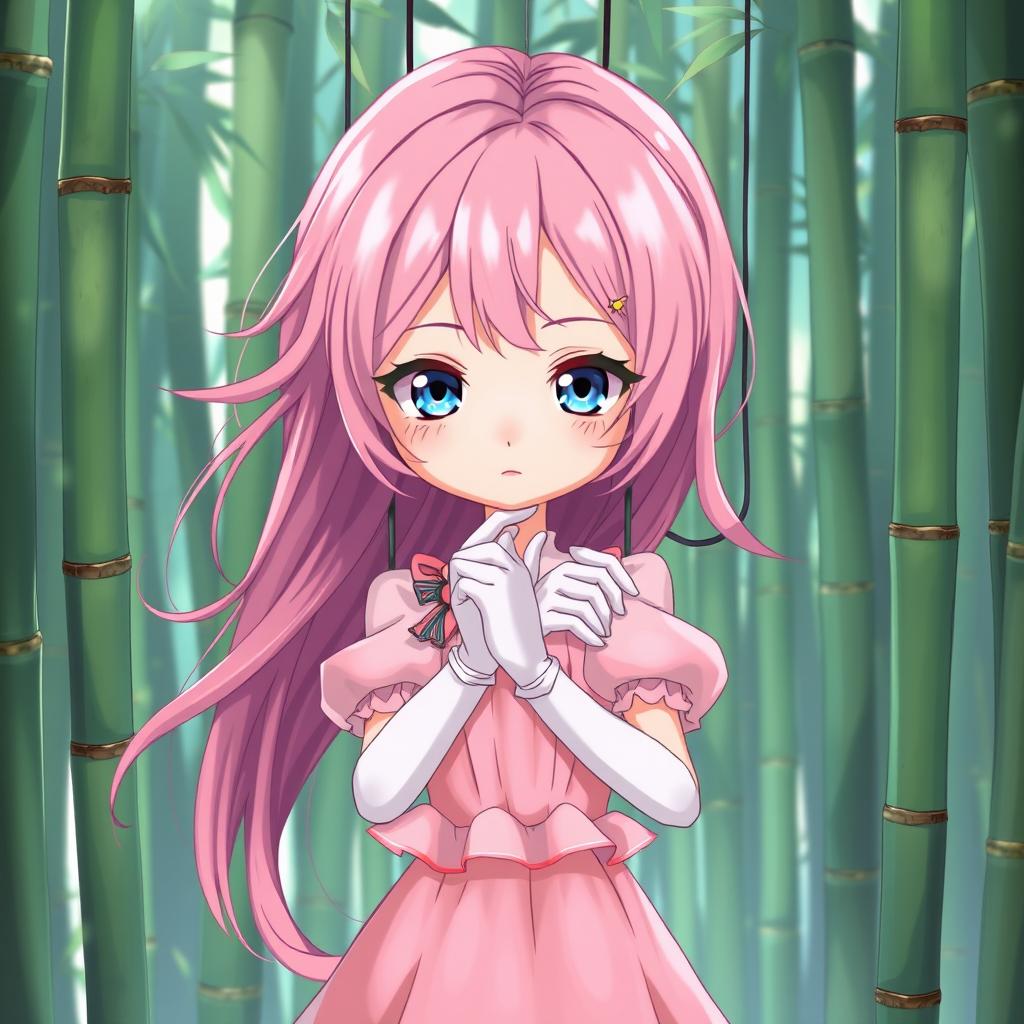 An imaginative one piece anime artstyle illustration featuring a short female human puppet characterized by long flowing pink hair and striking blue eyes