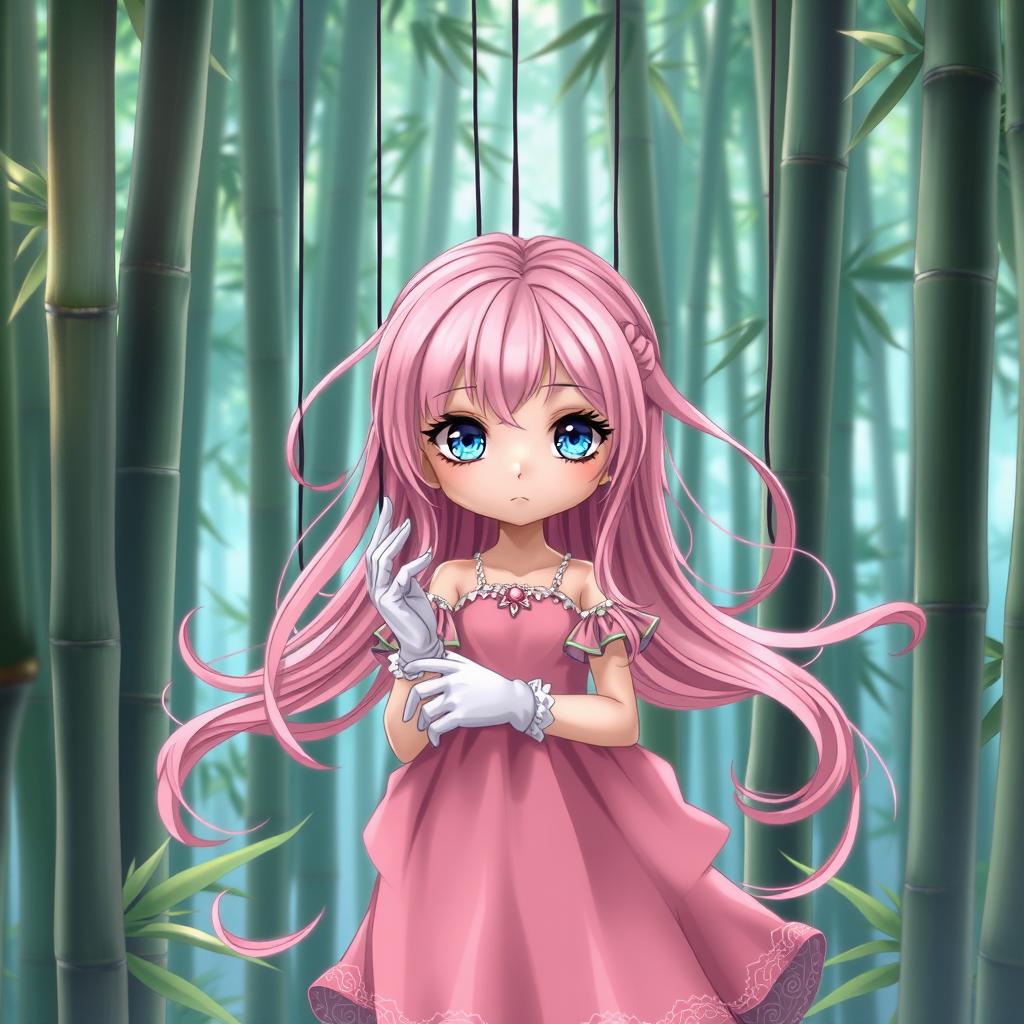 A captivating one piece anime artstyle illustration of a short female puppet characterized by her long, flowing pink hair and enchanting blue eyes