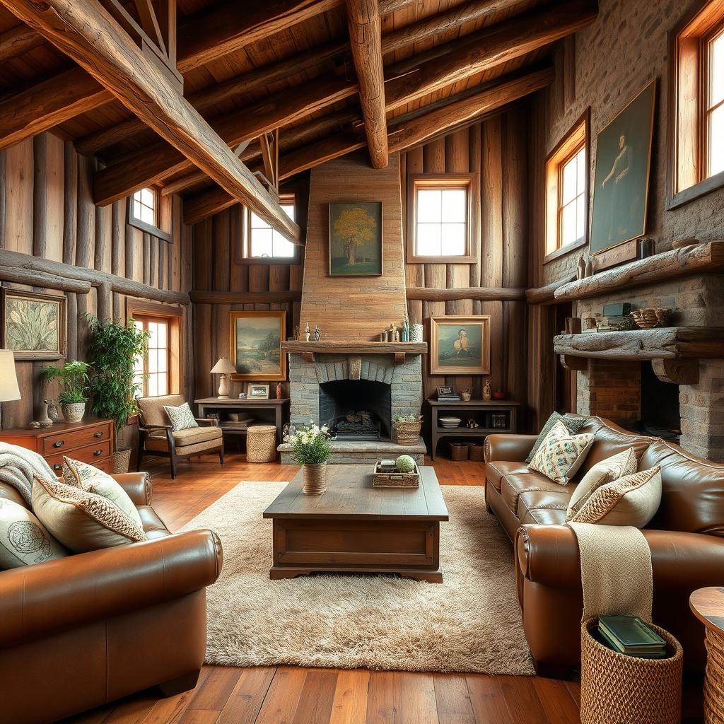 A rustic style living room featuring exposed wooden beams, vintage furniture, and a cozy fireplace