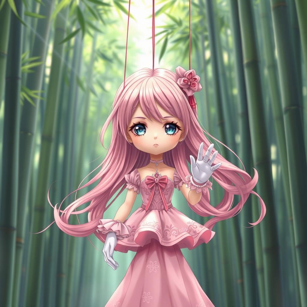 A beautifully rendered one piece anime artstyle illustration of a short female puppet featuring long, flowing pink hair and captivating blue eyes