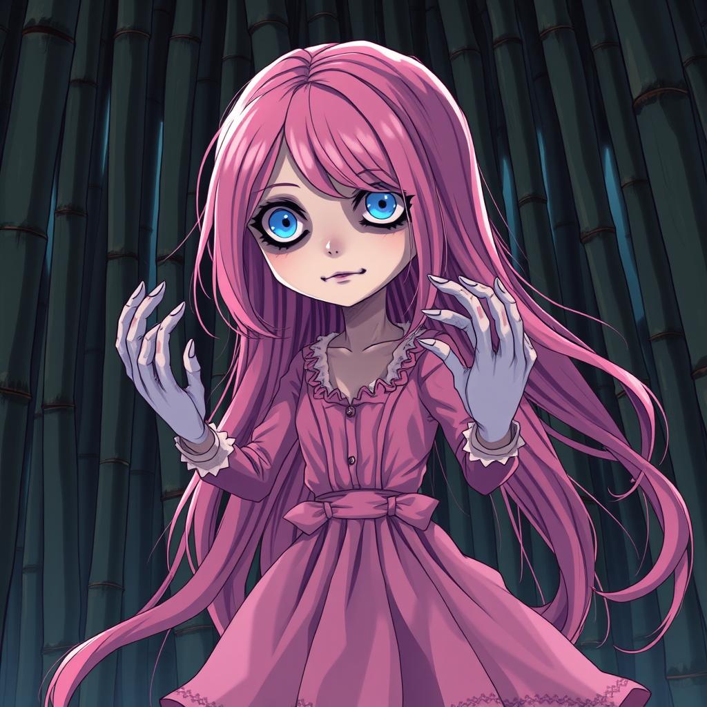 A chilling one piece anime artstyle illustration of a creepy short female wooden puppet featuring long, flowing pink hair and unsettling blue eyes