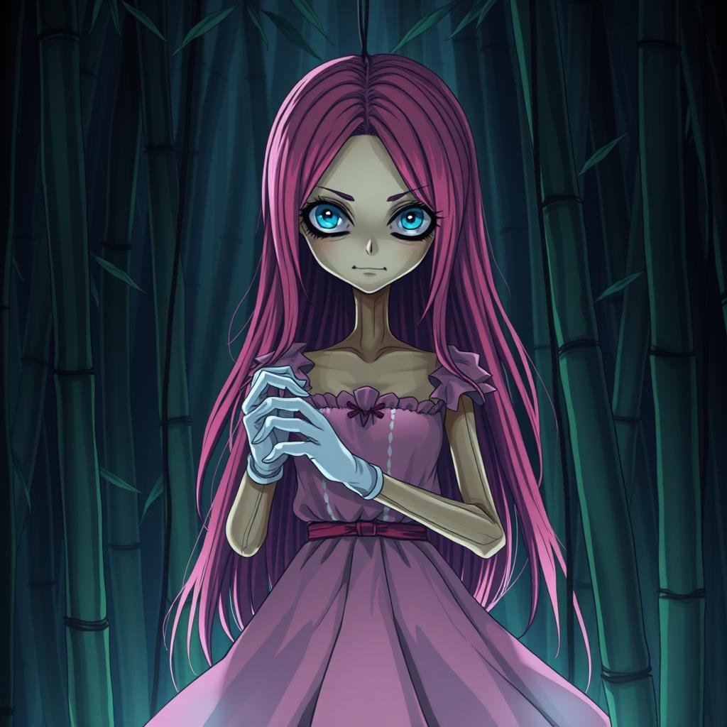 A haunting one piece anime artstyle illustration of a creepy short female wooden puppet, featuring long, striking pink hair and eerie blue eyes
