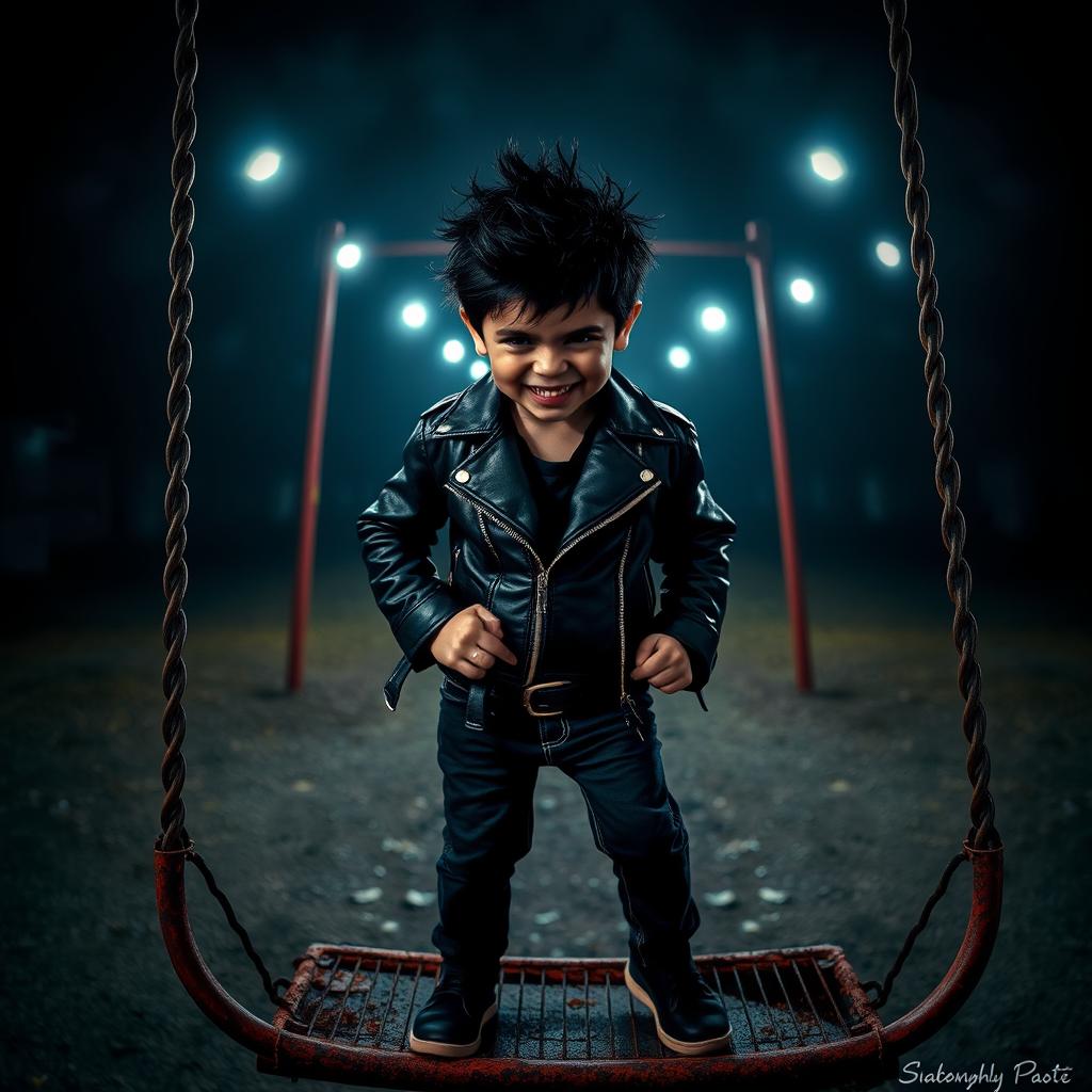 A mischievous child with spiky black hair, grinning devilishly, wearing a trendy black leather jacket and dark jeans