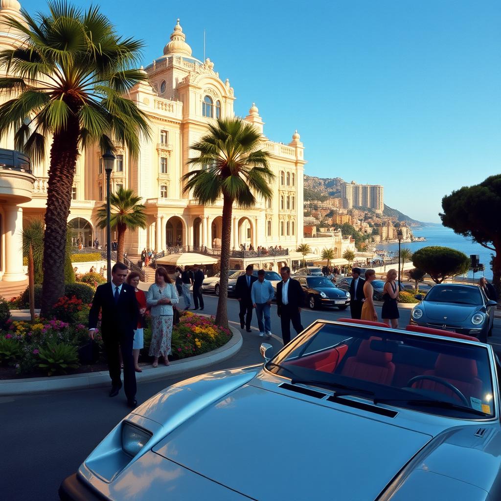 A stunning view of Monte Carlo in 1984, capturing the vibrant life of the city with its iconic architecture, luxury cars, and glamorous people