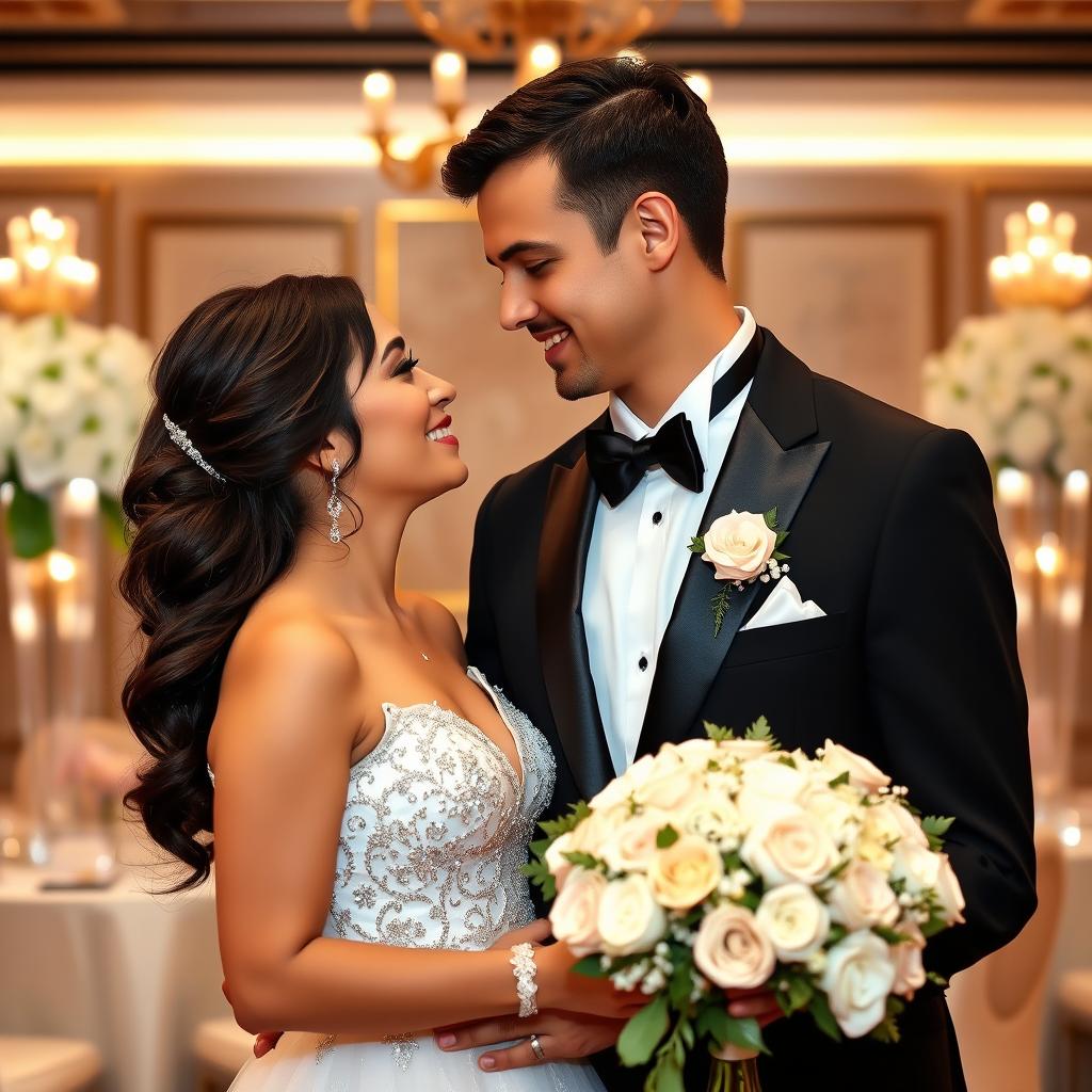 A romantic wedding scene featuring a couple, where the wife is wearing an elegant white dress adorned with diamonds, while the husband is dressed in a classic black tuxedo