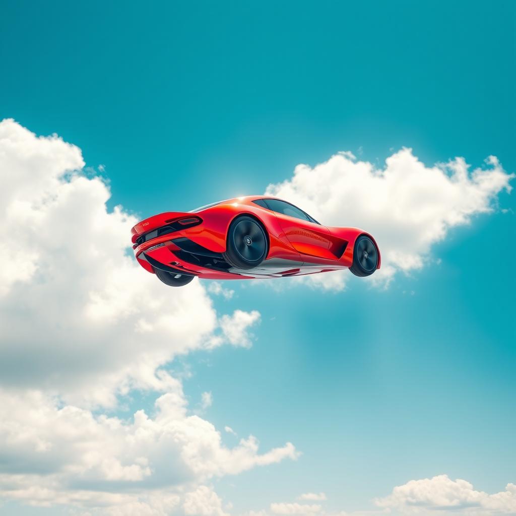 A vibrant red car soaring through a clear blue sky, with fluffy white clouds scattered around