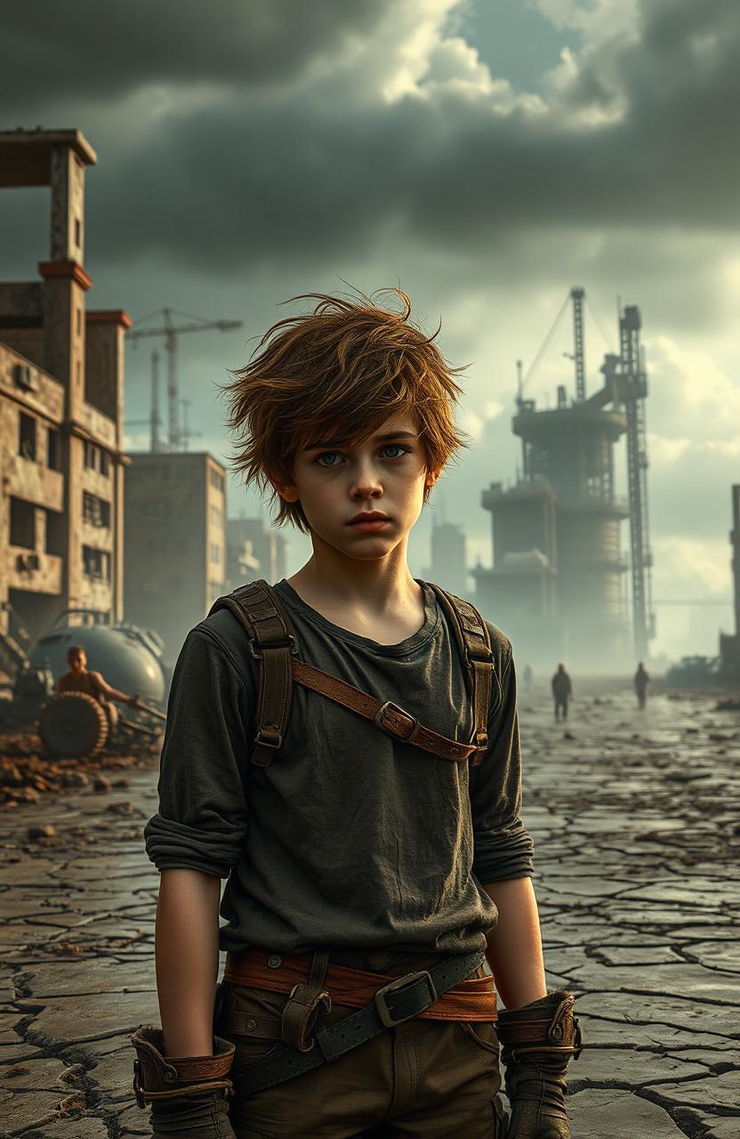 A dystopian scene featuring a teenage boy as the main character, set in a bleak, futuristic landscape