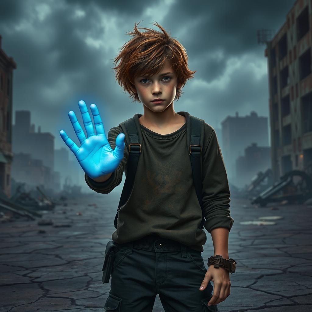 A dystopian scene featuring a teenage boy as the main character, standing in a bleak, futuristic environment