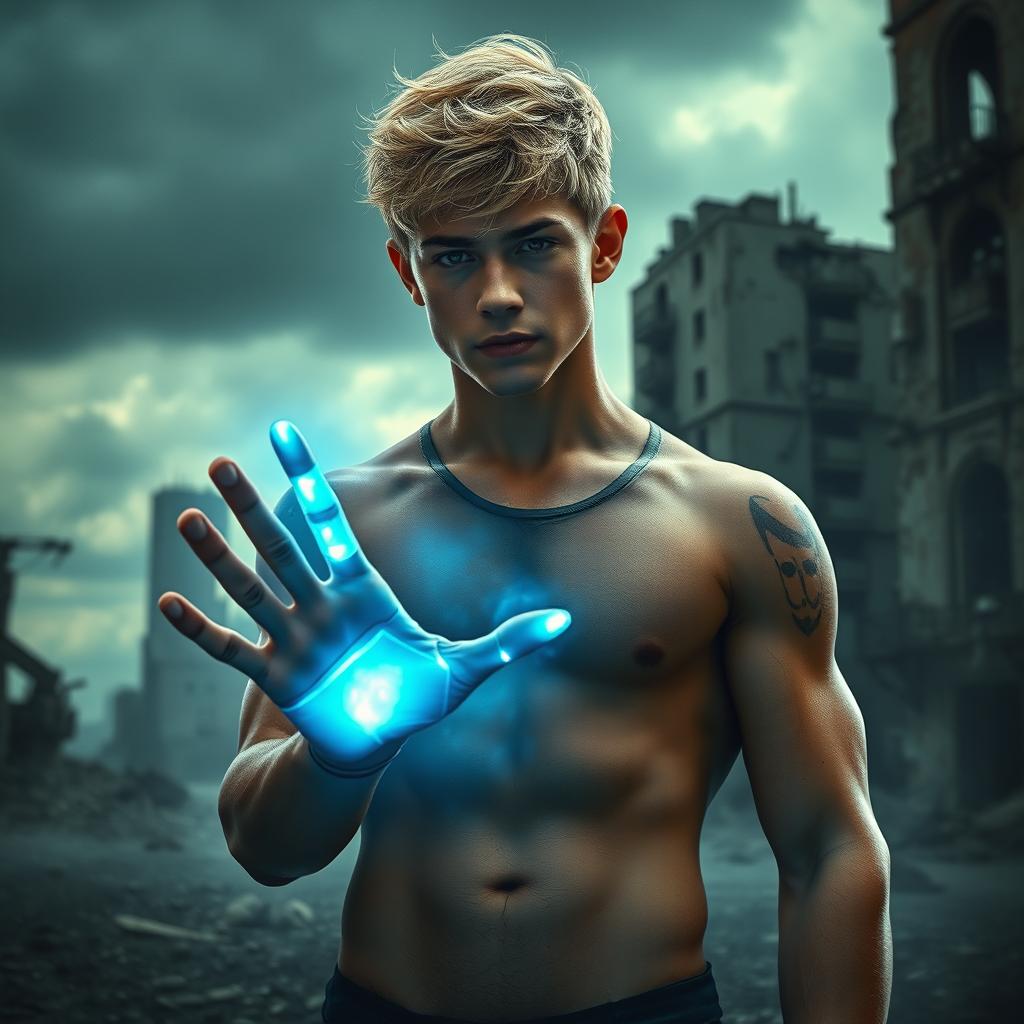 A striking dystopian scene featuring a 17-year-old blonde muscular boy as the main character