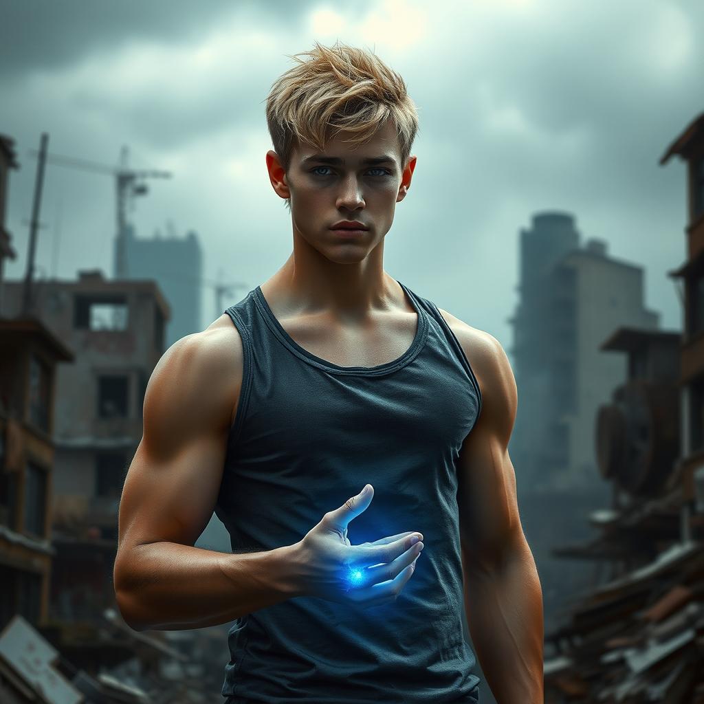 A captivating dystopian scene featuring a 17-year-old muscular boy as the main character