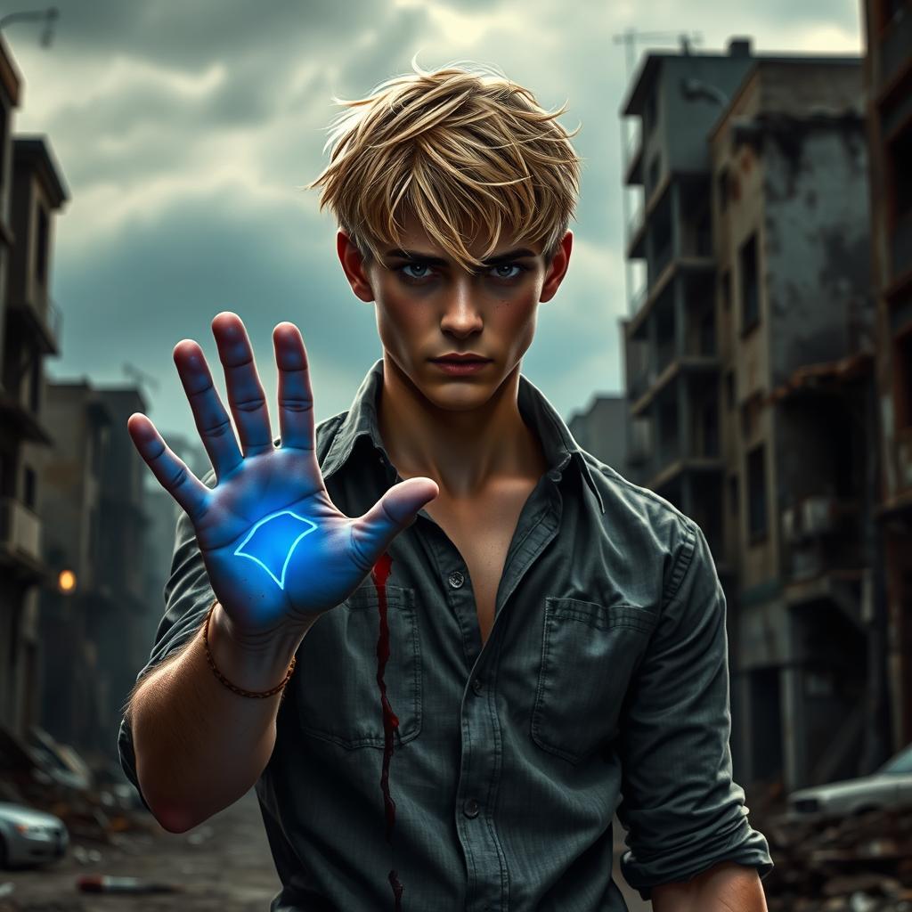 A gripping dystopian scene featuring a 17-year-old blonde muscular boy as the main character