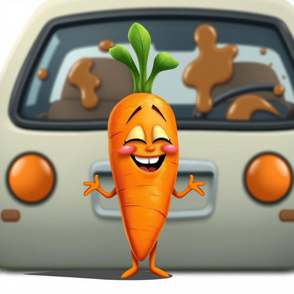 A whimsical and realistic carrot character with cartoonish features, featuring small, playful hands and legs, looking silly while giggling