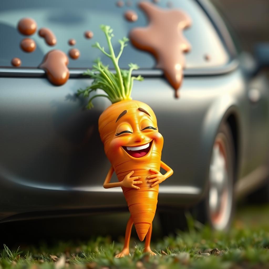 A very realistic carrot character with small, playful hands and legs, looking silly while giggling