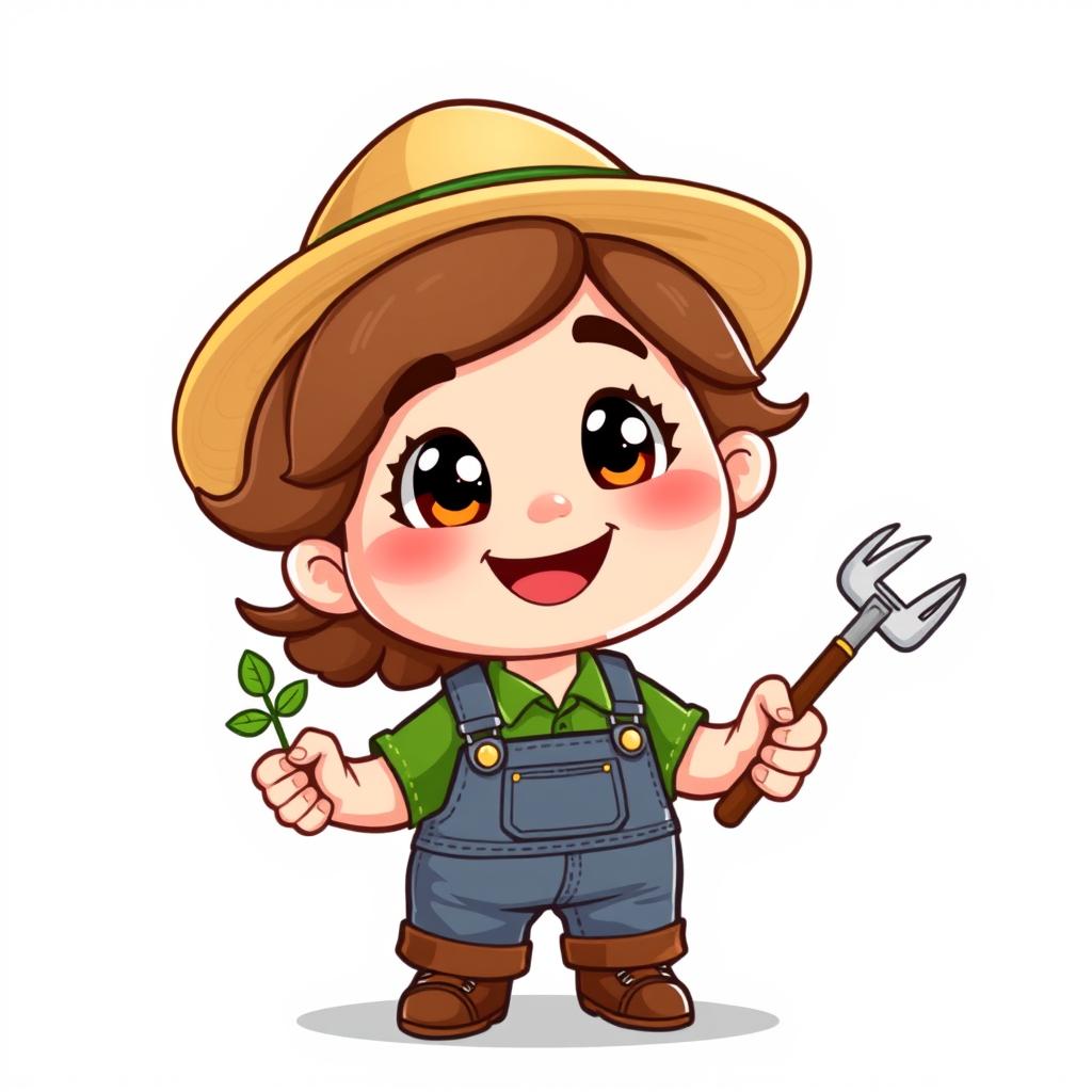 A cute chibi-style character representing an agriculturist, with a big smiling face, oversized head, and small body
