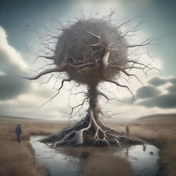 An intricate digital art piece that showcases surreal neuron-headed riddle mystics