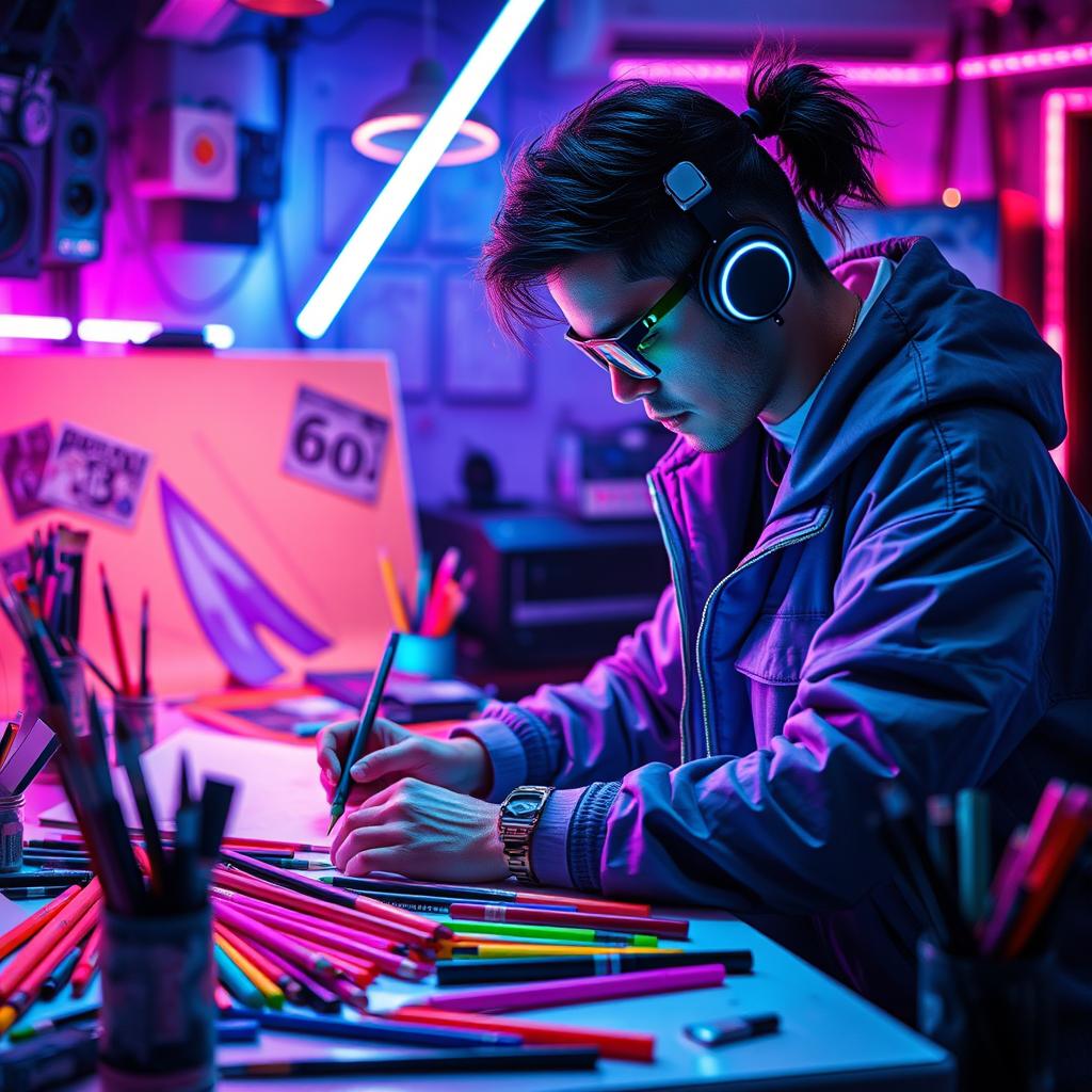 A digital artist deeply focused on creating vibrant cyberpunk-themed art in a futuristic studio