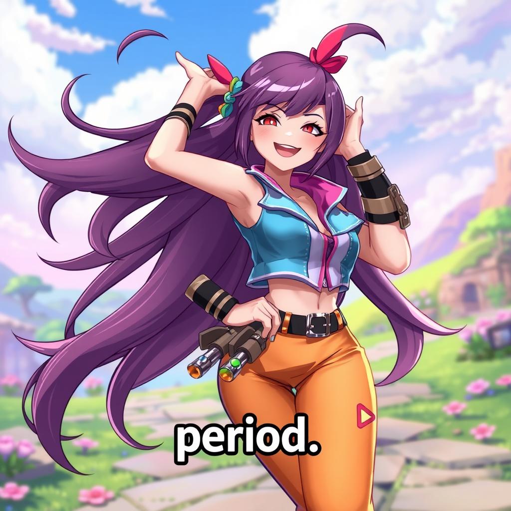 A game character with long flowing hair, flipping her hair back with a joyful expression while smiling brightly