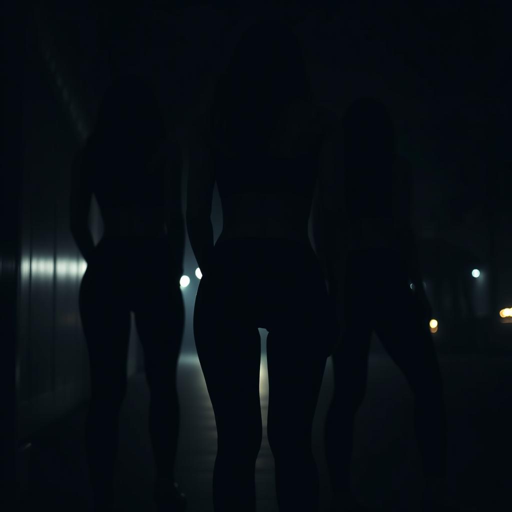 A moody, atmospheric scene depicting women creeping in the shadows, dressed in stylish yoga pants