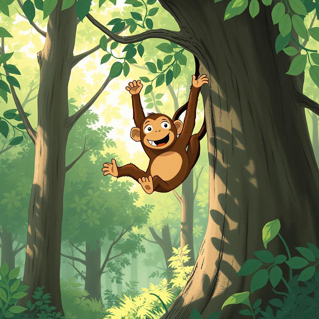 In a whimsical forest scene, a brown monkey is depicted mid-fall from a tree, suspended in the air with a surprised look on its face