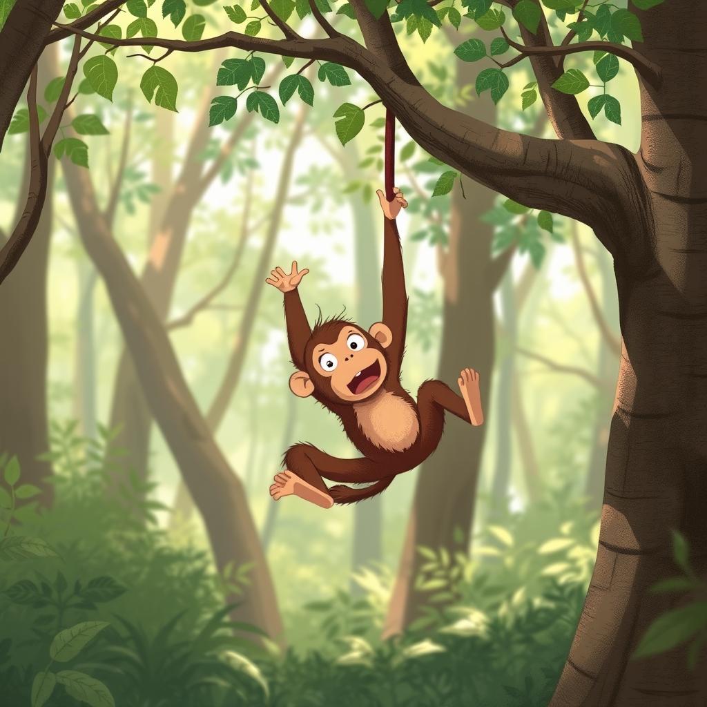 In a whimsical forest scene, a brown monkey with a startled expression is illustrated mid-fall from a tree, suspended in the air, capturing a moment of surprise