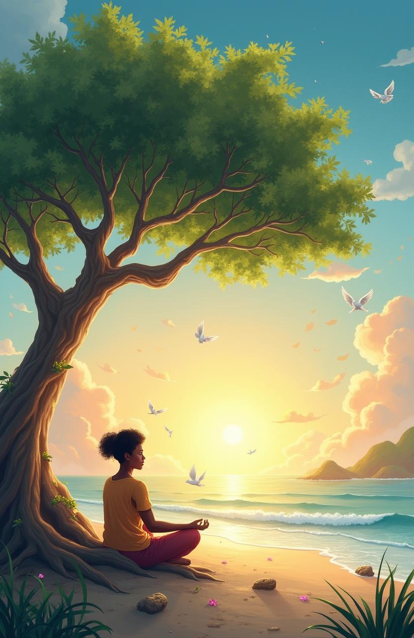 A serene landscape depicting a peaceful scene that promotes calmness and upliftment