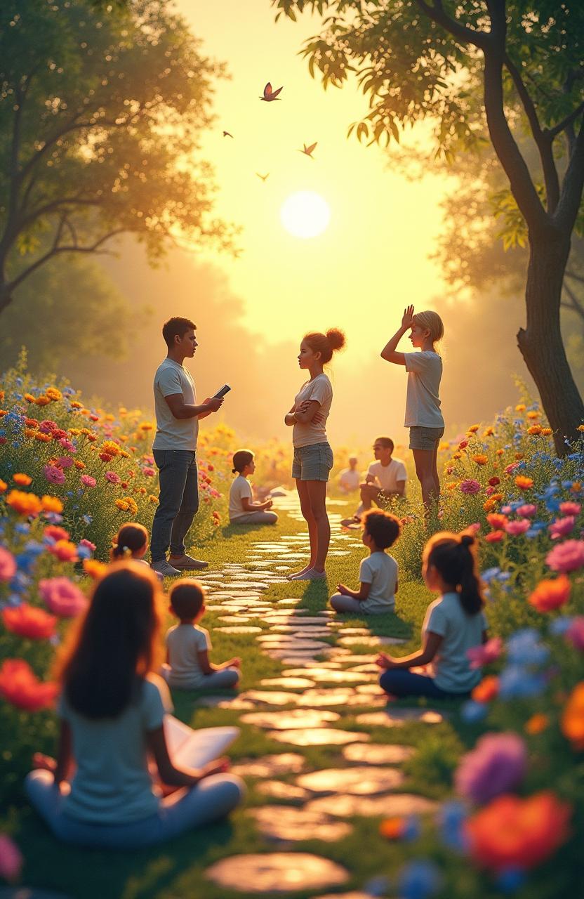 A photo-realistic scene depicting a peaceful garden that symbolizes tranquility and upliftment