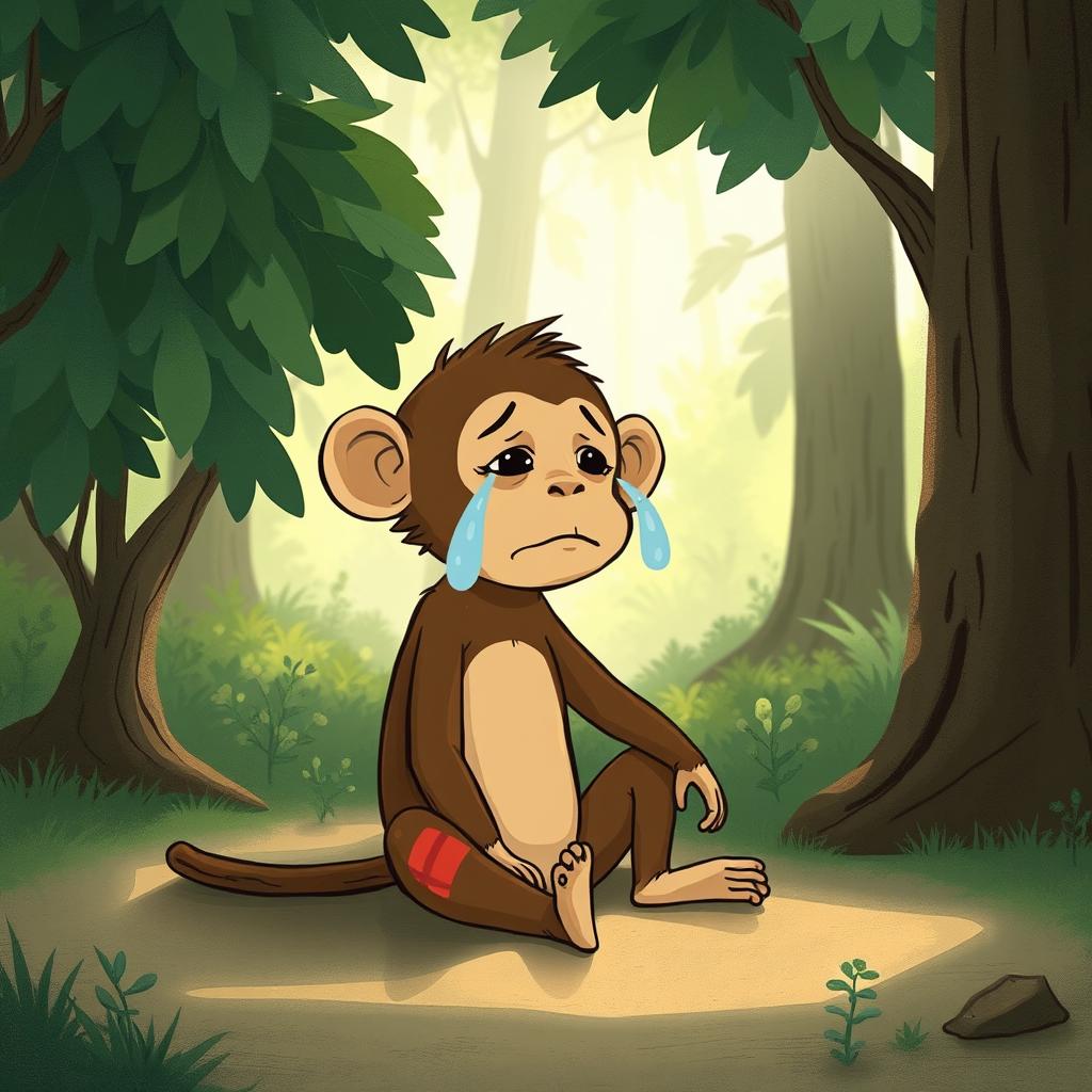 In a whimsical forest scene, a brown monkey is depicted sitting on the ground, crying with tears glistening in its eyes