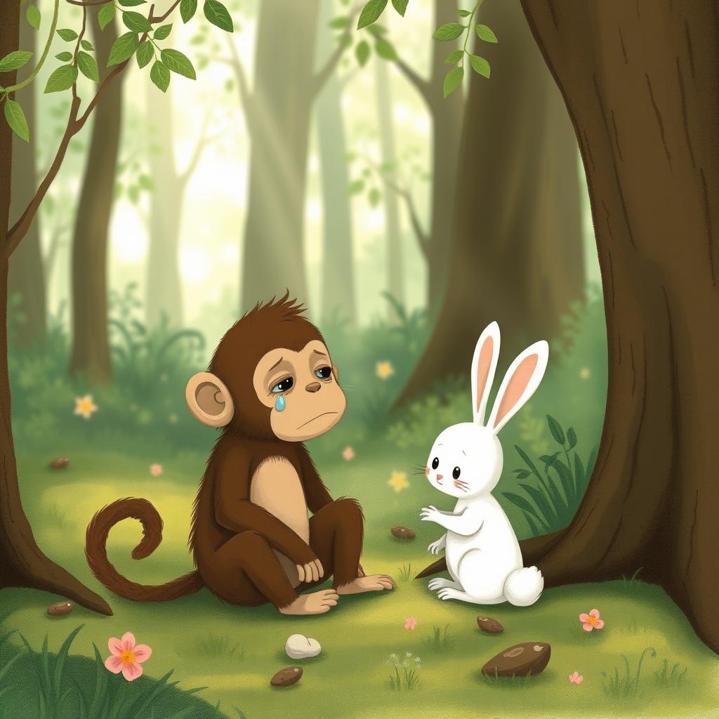 In a whimsical forest scene, a brown monkey is depicted sitting on the ground, tears glistening in its eyes as it cries