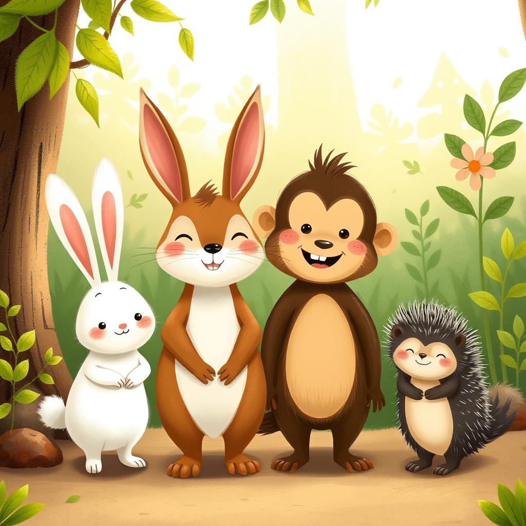 In a delightful forest setting, a small white rabbit, a brown squirrel, a brown monkey, and a tiny hedgehog are happily standing side by side