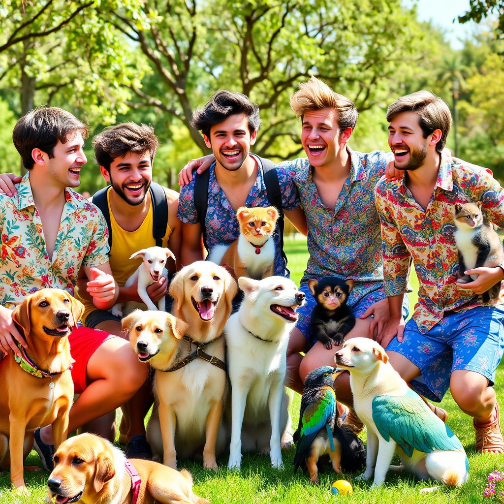 A lively and whimsical scene featuring a group of young men playfully interacting with various animals