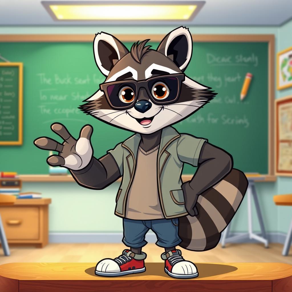 A cartoon raccoon character, designed as a cool guy with exaggerated muscular arms, standing confidently while giving a lecture