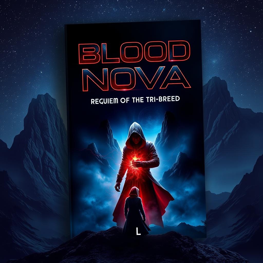 A dark sci-fi fantasy book cover featuring a mysterious and ominous landscape with towering, jagged mountains under a starry night sky