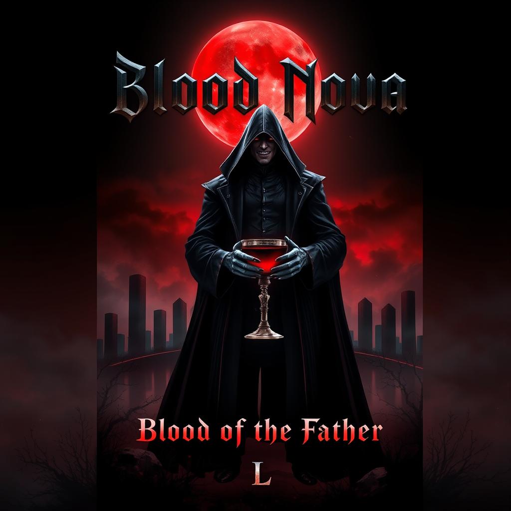 A dark sci-fi vampire fantasy book cover featuring a brooding, gothic landscape illuminated by a crimson moon