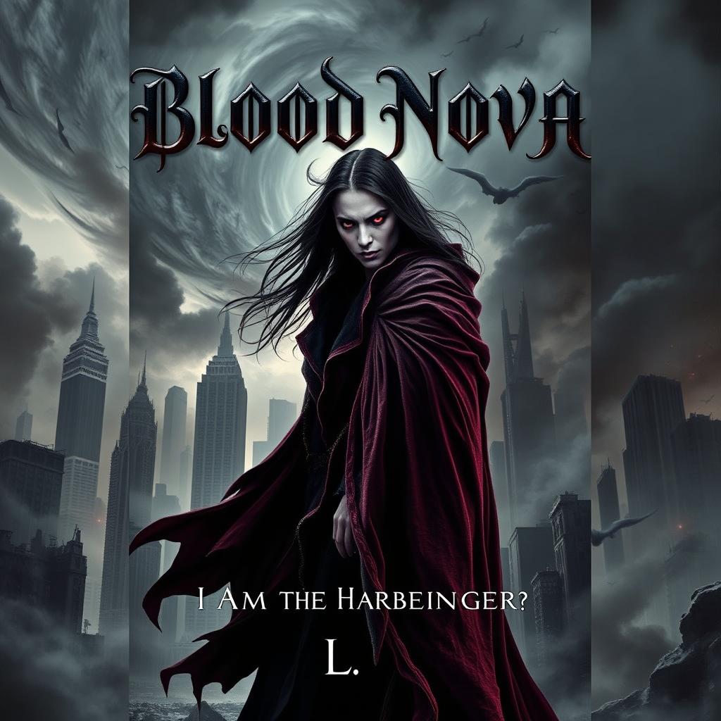 A dark sci-fi vampire fantasy book cover portraying a haunting, dystopian cityscape with crumbling skyscrapers under a swirling, smoky sky