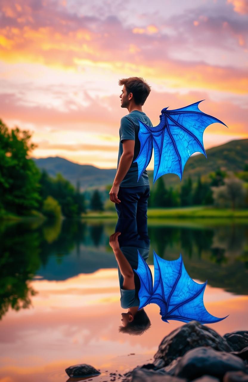 A young man standing at the edge of a serene lake, gazing thoughtfully at his own reflection in the water