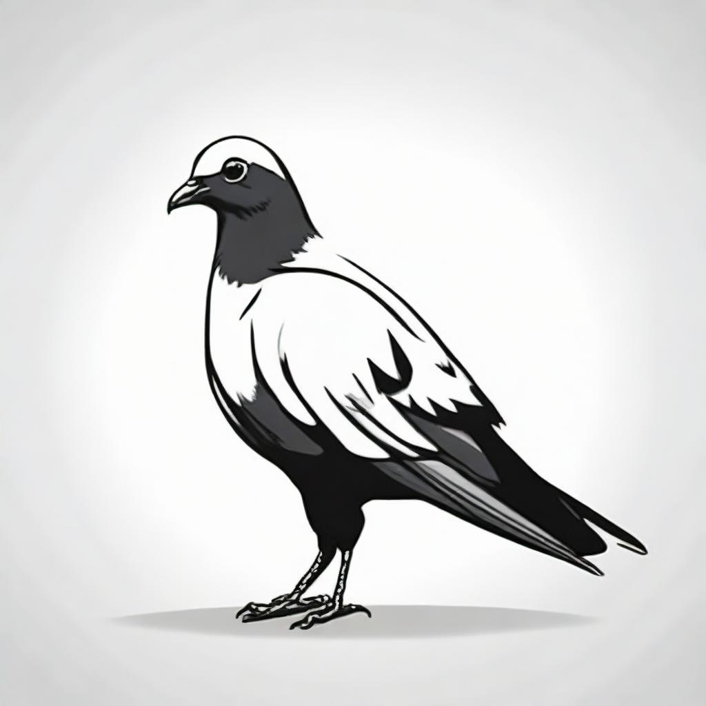 A high contrast, purely black and white vector-style illustration of a pigeon on a white background. Ensure a simple, flat design and line art with no use of colors.