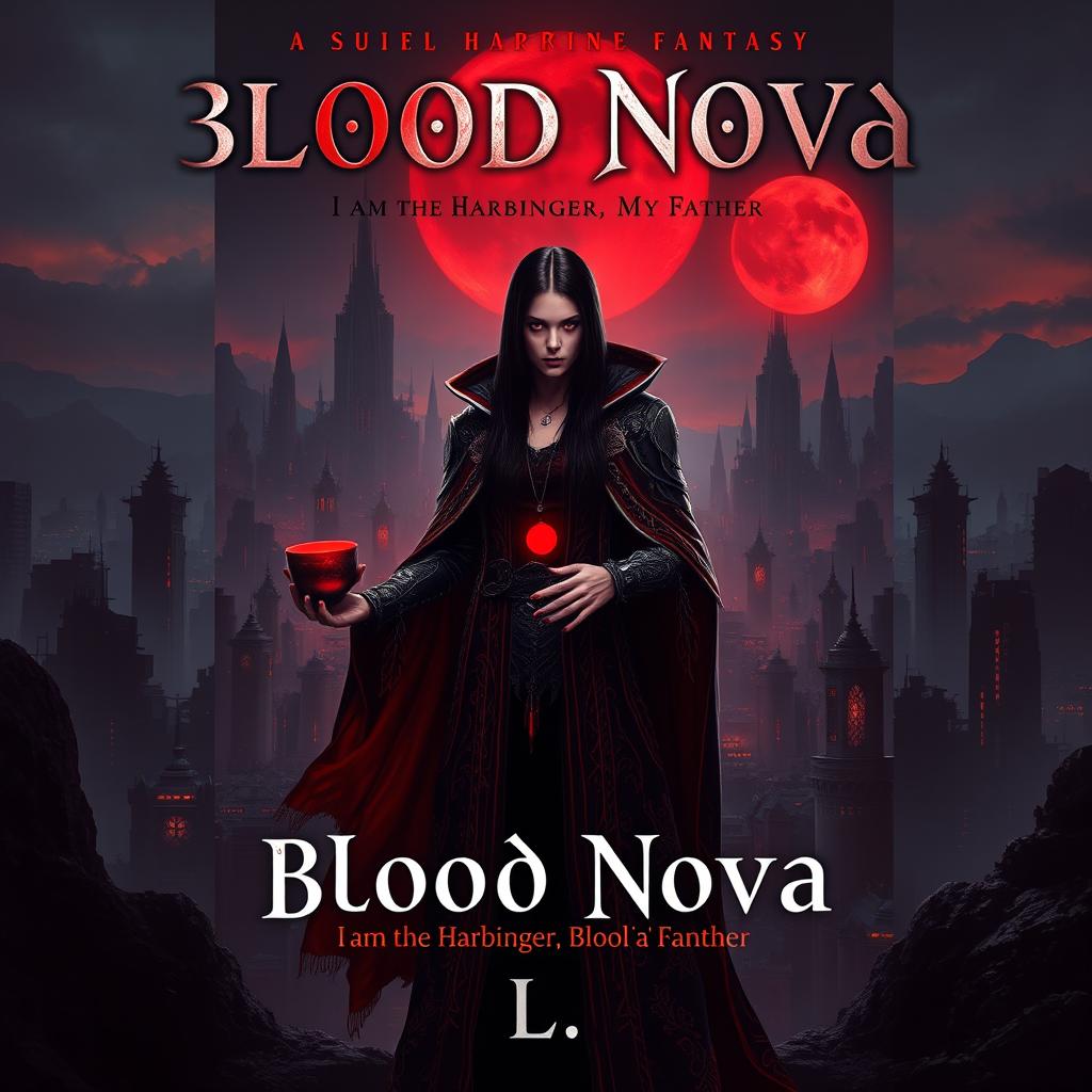 A dark sci-fi vampire fantasy book cover depicting a haunting, futuristic city under a blood-red moon, casting an eerie glow over the landscape